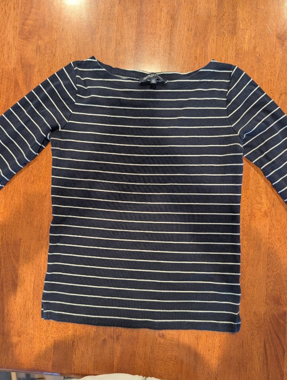 Jones New York Navy Blue and White Striped Long-Sleeve Tee Large